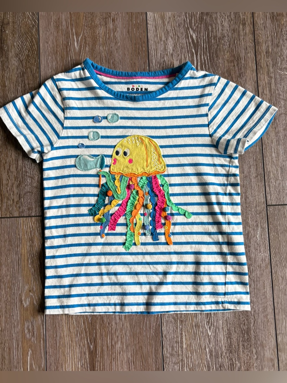 Mini Boden White & Blue Striped Tee with Colorful Jellyfish Appliqué